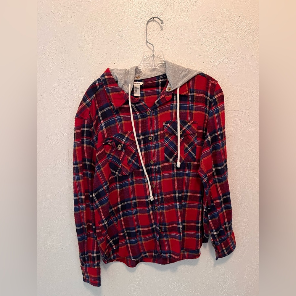 Red, blue, white plaid hoodie with drawstrings. Forever 21. Size medium.